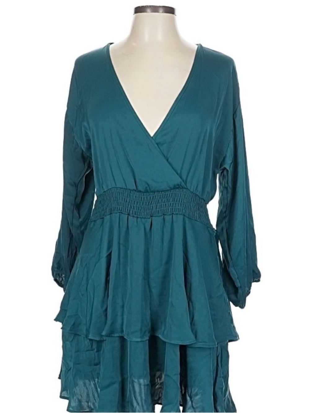 NWT Zara Teal Green Smocked Waist  Dress Long‎ Sleeve V-Neck Large
